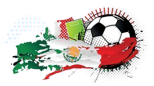 Black and white soccer ball surrounded by red, white and green spots forming the flag of Mexico with a soccer field in the background. Vector image