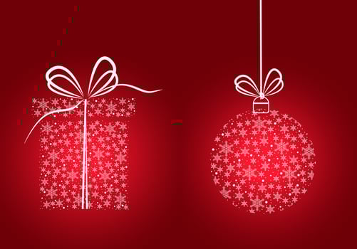 Christmas card. Gift and ball with  white snowflakes on red background.Vector illustration vector