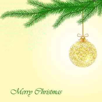 Christmas toy isolated on yellow background. Christmas card with fir tree branches, hanging glitter ball and Merry Christmas text.  Vector illustration