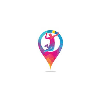 Volleyball player map pin shape concept logo. Abstract volleyball player jumping from a splash. Volleyball player serving ball. vector