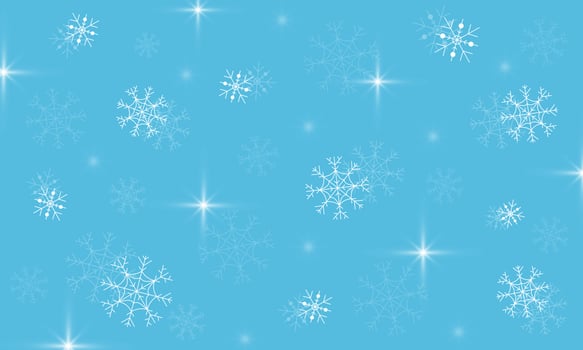 Winter New Year's Eve background. Falling snowflakes of different sizes on blue background. Christmas flickering lights. Vector illustration.