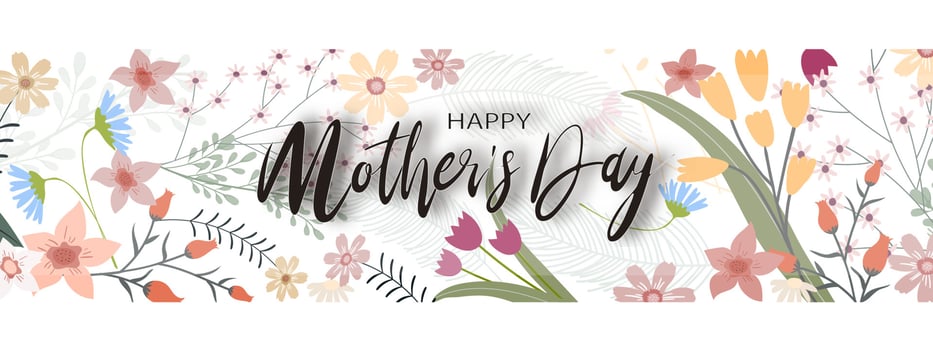 Mother's day banner with Spring flowers border on White background, Vector illustration Horizontal Backdrop of Cute Blooming Flora Frame, Flat design of Beautiflu Botanical