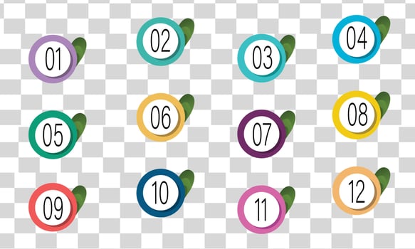 number bullet point colourfull 3d with leaf markers 1 to 12 vector