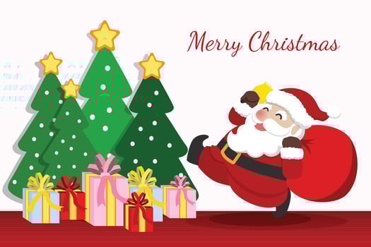 Cartoon vector illustrations of Santa Claus and decorated Christmas tree with presents