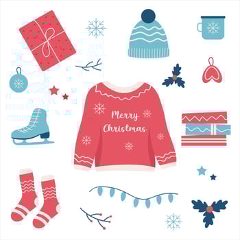 Hygge christmas set, winter holiday decor, gifts, clothing, socks, xmas home symbols, cartoon vector set, christmas hygge, doodle cozy things., vector illustration in flat style