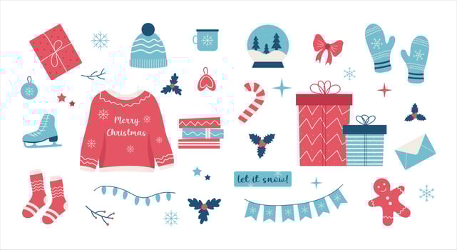 Hygge christmas set, winter holiday decor, gifts, clothing, socks, xmas home symbols, cartoon vector set, christmas hygge, doodle cozy things., vector illustration in flat style