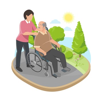 Elderly care bedridden patient concept old man smile sit on wheelchair in nature garden family isometric vector
