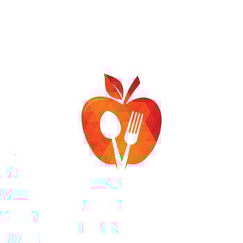 Low poly Restaurant Logo, baby food, health care and organic Food Industry, takeaway vector icon, spoons in apple baking. herbal diet food heart illustration.