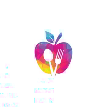 Low poly Restaurant Logo, baby food, health care and organic Food Industry, takeaway vector icon, spoons in apple baking. herbal diet food heart illustration.