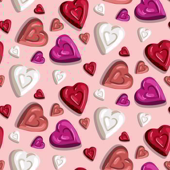 A pattern of red, pink and white candies in the form of a heart on a delicate background. Suitable for printing on textiles and paper. Festive packaging for Valentine's Day. vector