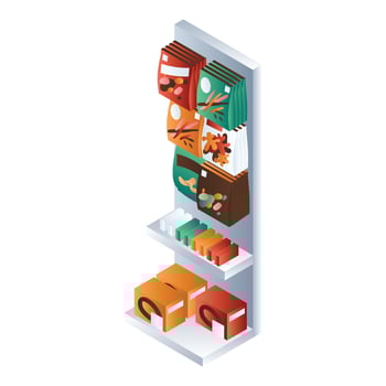 Snack market shelf icon, isometric style vector