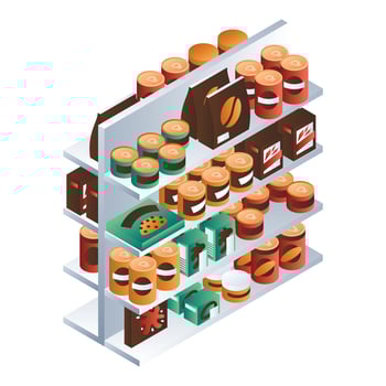 Supermarket food shelf icon, isometric style vector
