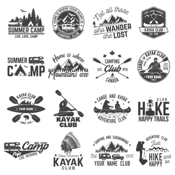 Set of canoe, hiking, kayak and camping club badge vector