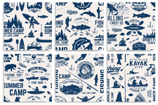 Canoe, Kayak and fishing Club seamless pattern. vector
