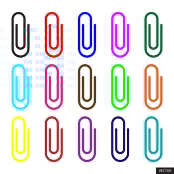 Set of 15 colorful paper clips in line style design isolated on white background. Editable stroke. vector