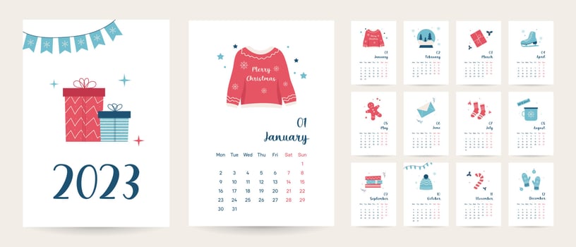 Monthly christmas hugge calendar 2023 template in trendy style, cover concept, set of 12 pages desk calendar, 2023 minimal calendar planner design for printing template vector