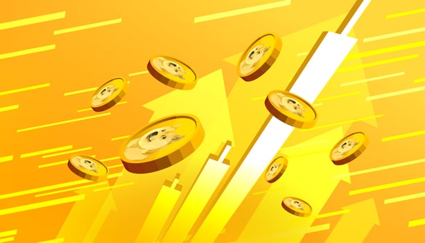 Dogecoin DOGE growing up in the air on yellow background. Cryptocurrency investment and financial growth concept. Bullish market. vector