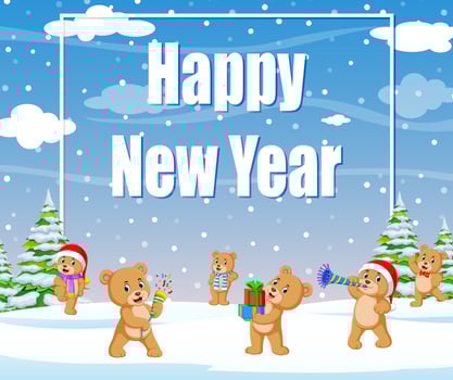 Happy new year winter background with bear a hat red knitted and gift boxes vector