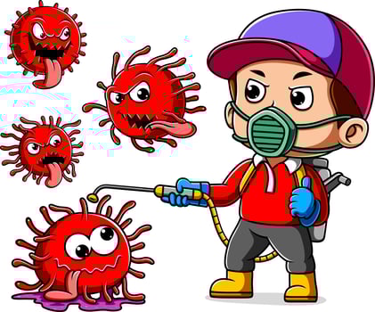 A man wearing mask spray to cleaning corona virus vector