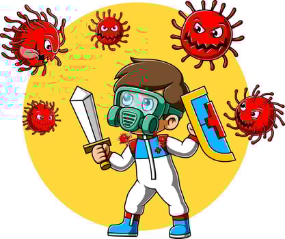 A man in protective suit or clothing holding sword fight corona virus vector