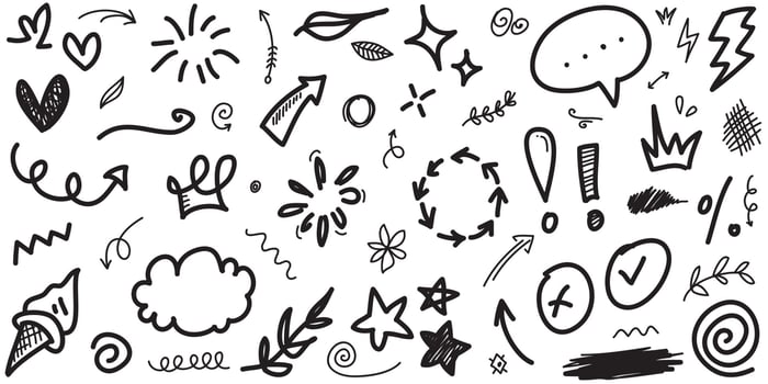 Abstract arrows, ribbons, fireworks, hearts, lightning,love , leaf, stars, cone, crowns and other elements in a hand drawn style for concept designs. Scribble illustration. vector
