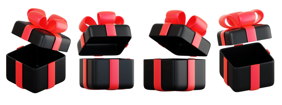 Realistic black gift box set with red ribbon bow. Concept of abstract holiday, birthday, Christmas or Black Friday present or surprise. 3d high quality isolated render png