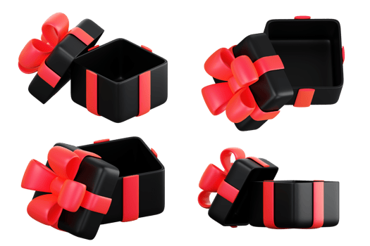 Realistic black gift box set with red ribbon bow. Concept of abstract holiday, birthday, Christmas or Black Friday present or surprise. 3d high quality isolated render png