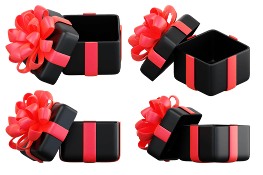 Realistic black gift box set with red ribbon bow. Concept of abstract holiday, birthday, Christmas or Black Friday present or surprise. 3d high quality isolated render png