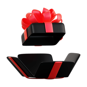 Realistic black gift box with red ribbon bow. Concept of abstract holiday, birthday, Christmas or Black Friday present or surprise. 3d high quality isolated render png
