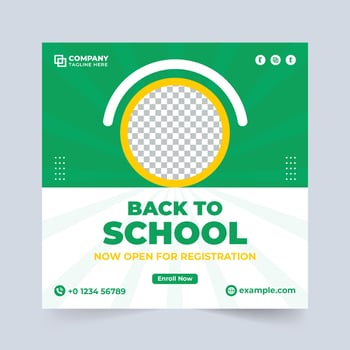 School admission social media post template vector with blue and green colors. Creative college registration social media design for kids' education. Academic course promotion poster vector.