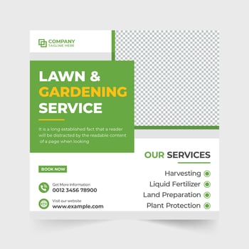 Lawn mower and garden service web banner template for social media marketing. Agricultural and landscaping service template with green and blue colors. Agro farming and harvesting service vector. vector