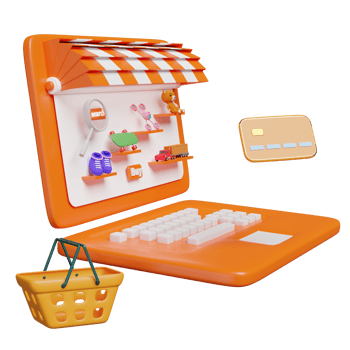 orange computer monitor with store front, magnifying, teddy bear, truck, skateboard, drone, cart, credit card isolated. online shopping or search data concept, 3d illustration or 3d render png