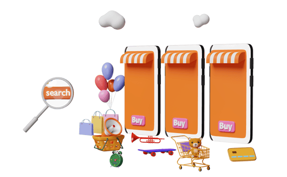 orange mobile phone, smartphone with store front, label tag, magnifying, cart, paper bags, skateboard, credit card isolated. online shopping, search data concept, 3d illustration, 3d render png