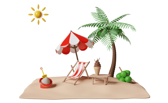 summer travel with ice cream cones, beach, bucket, chair, island, umbrella, coconut tree, cloud,sun isolated. concept 3d illustration or 3d render png