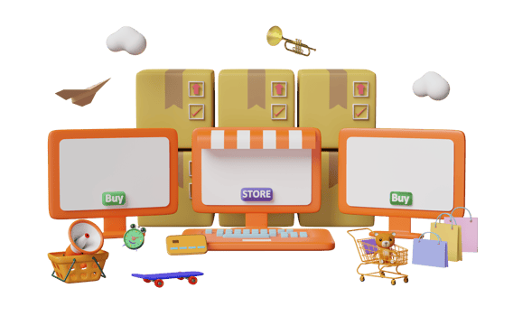orange computer monitor with store front, cart, paper bags, goods cardboard box, credit card, megaphone, alarm clock isolated. online shopping, search data concept, 3d illustration, 3d render png