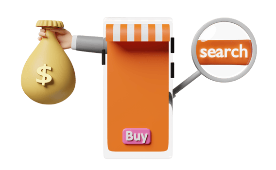 businessman hands holding money bag with orange mobile phone, smartphone, store front, search label tag, magnifying isolated. Internet banking, search data concept, 3d illustration, 3d render png