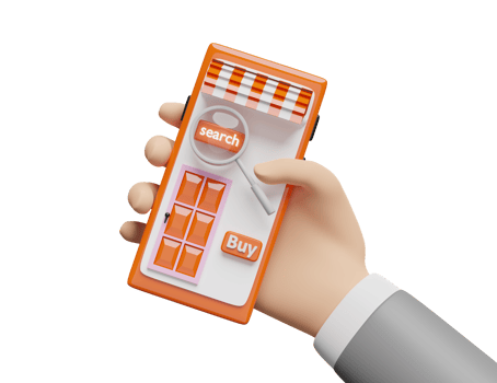 businessman hands holding orange mobile phone, smartphone with magnifying isolated. online shopping, search data concept, 3d illustration or 3d render png