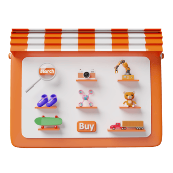 orange tablet, mobile phone, smartphone with store front, magnifying, teddy bear, truck, skateboard, drone, cart isolated. online shopping or search data concept, 3d illustration or 3d render png