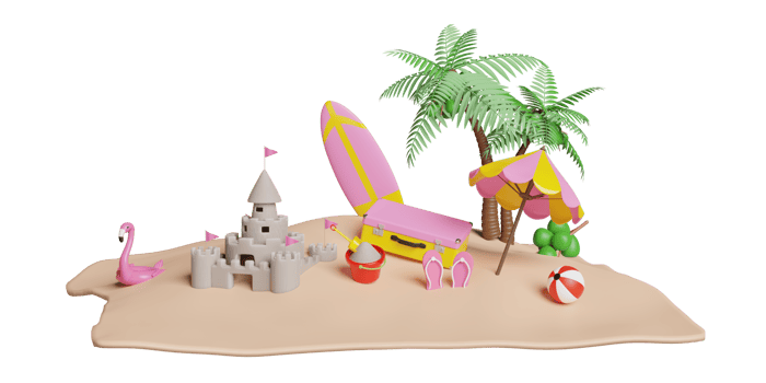 summer travel with yellow suitcase, sand castle, surfboard, island, umbrella, Inflatable flamingo, coconut tree, sandals isolated. concept 3d illustration or 3d render png