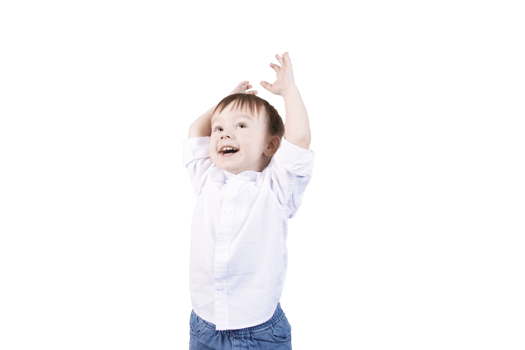 Boy with blond hair smiling and emotions on the face and raised hands, age two. transparent background. PNG