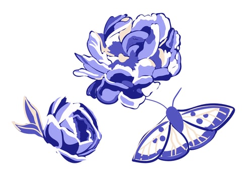 The blue peony and moth isolated on a white background. Decorative objects. Vector illustration in vintage style, tattoo art, t-shirt design.