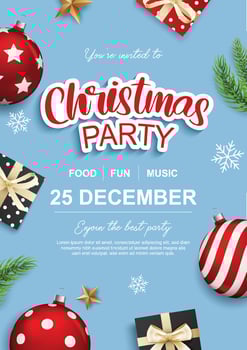 Merry christmas party glass ball and gift box for flyer brochure design on blue background invitation theme concept. Happy holiday greeting banner and card template. vector
