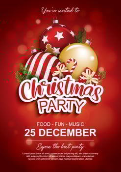 Merry christmas party glass ball and gift box for flyer brochure design on red background invitation theme concept. Happy holiday greeting banner and card template. vector