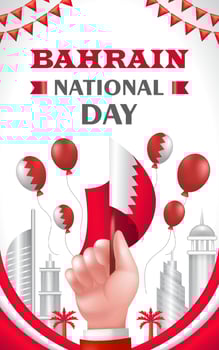 Bahrain National Day, 3d illustration of hand holding flag with building ornament and balloon vector