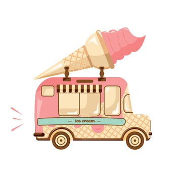 Pink retro ice cream van. Car with ice cream ad on the roof. Vintage dessert machine. Ice cream cone decoration on the . vector