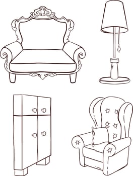 Set of furniture for rest and sleep outline. Sofa, armchair, bed. illustration vector