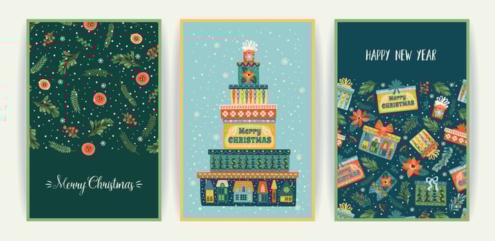 Set of Christmas and Happy New Year cards. Cute bright illustrations witn New Year symbols.. Vector design templates.