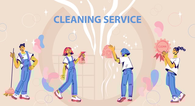 Website banner template for cleaning service ad, flat vector illustration. Landing page background for cleaning company with working staff characters. Housekeeping services and domestic help.