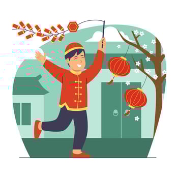 Chinese New Year Activity with Boy Playing Firecrackers vector