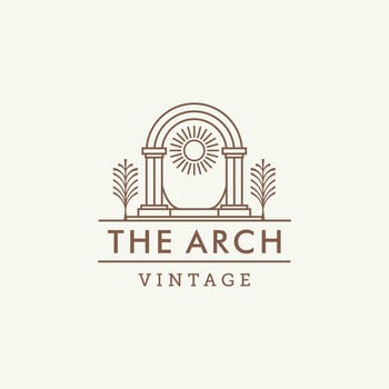 mystic sun doorway logo, antique arch architecture entrance and stairway icon, with door, window and palm trees in contemporary aesthetic boho style vector